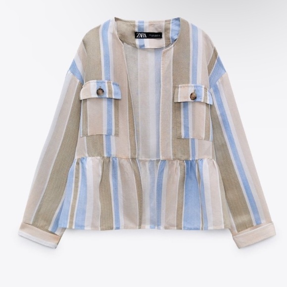 Zara Linen Blend Striped Open Front Blazer Jacket Peplum Hem Boho Spring Sz S - Picture 1 of 16